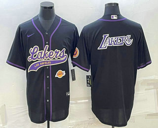 Mens Los Angeles Lakers Black Big Logo With Patch Cool Base Stitched Baseball Jersey->->NBA Jersey